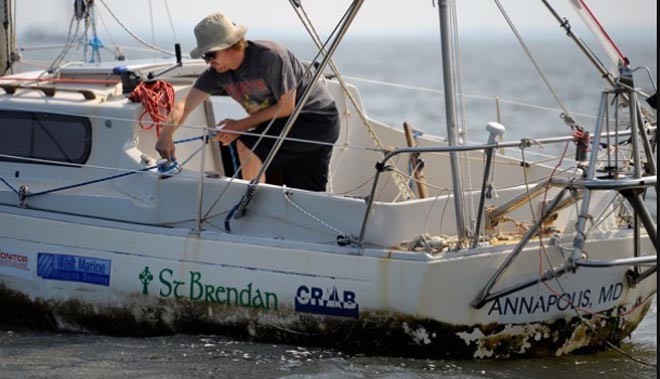 Matt Rutherford arrives showing his barnacles from over 300 days of continuous sailing including the North West Passage and rounding Cape Horn  ©  SW